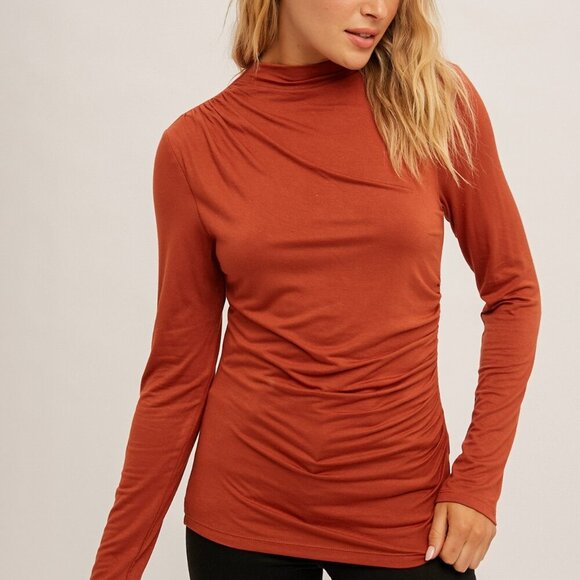 HEM & THREAD Rust Mock Neck Long Sleeve Top, Ruched Fitted Stretch Shirt - Picture 1 of 4
